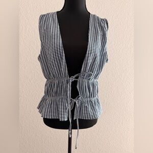 ZARA Blue & White Gingham Tie-Front Vest Top | Sleeveless Blouse